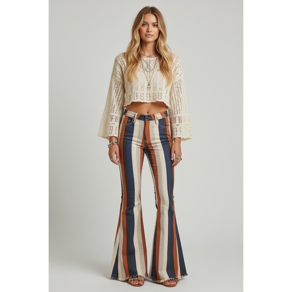 Saints And Hearts Women's Tan Striped Bell Bottom Flare Jeans Frayed Hem XS 24